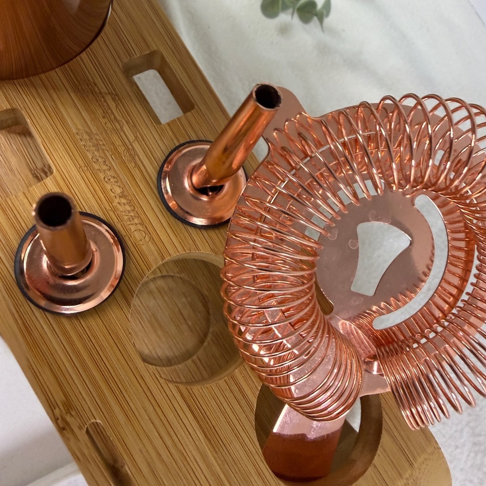 Rose Gold Cocktail Shaker Bar Set w/ Bamboo Stand, Strainer & 4 Coasters - Picture 6 of 10